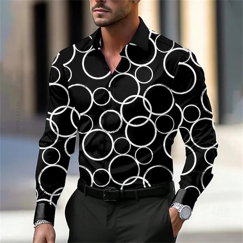 Men's Trendy Geometric Circle Print Long-Sleeve Shirt,