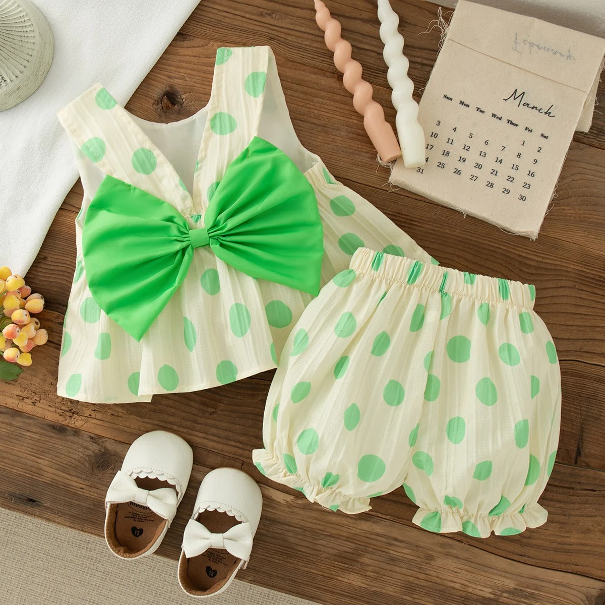 Toddler Girls 2 Piece Set Korean Style Polka Dot Bow
