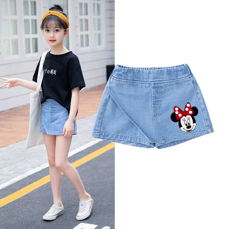 Short Jeans Denim Shorts Fake Skirt Minnie Kuromi Strawberry Bear Print Children Clothing