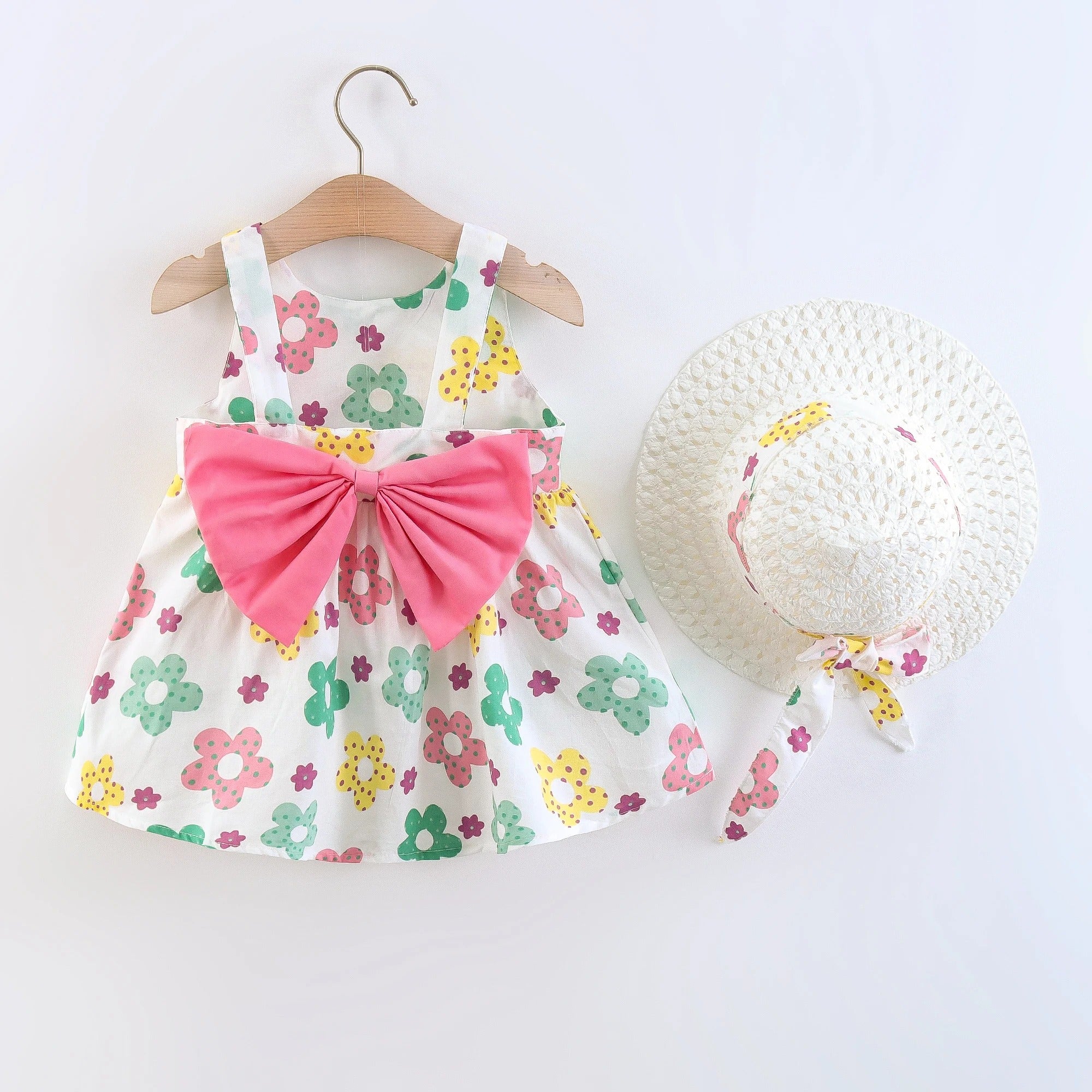 Summer 2/piece set baby girl dress hat little girl big bow