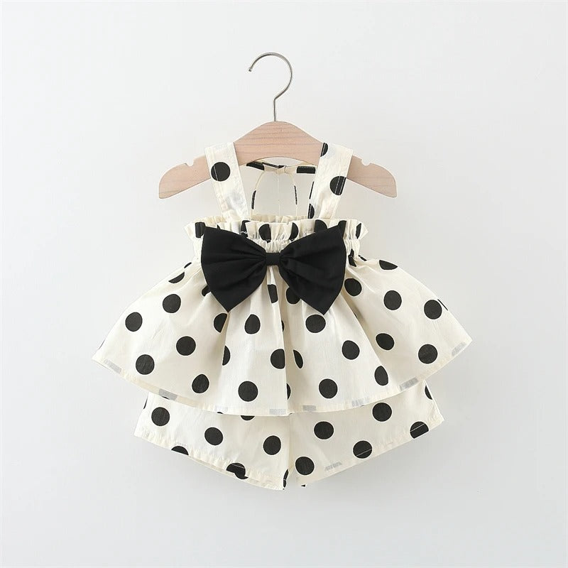 Simple Dot Print Bow Strap Top Short Sleeve Two Piece Set