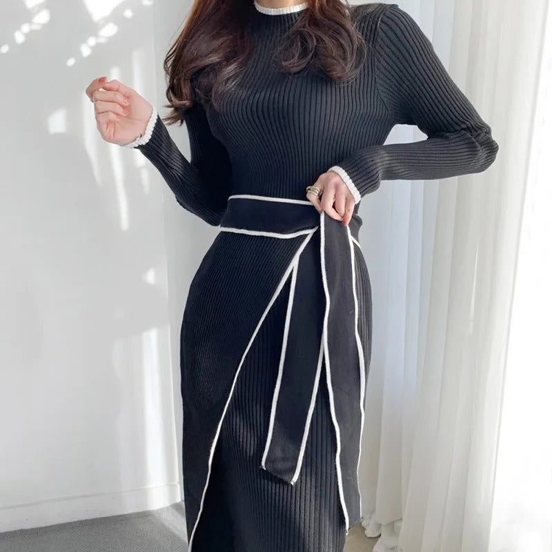 Black Rib Bandage Bodycon Sweater Dress Robe Femme.