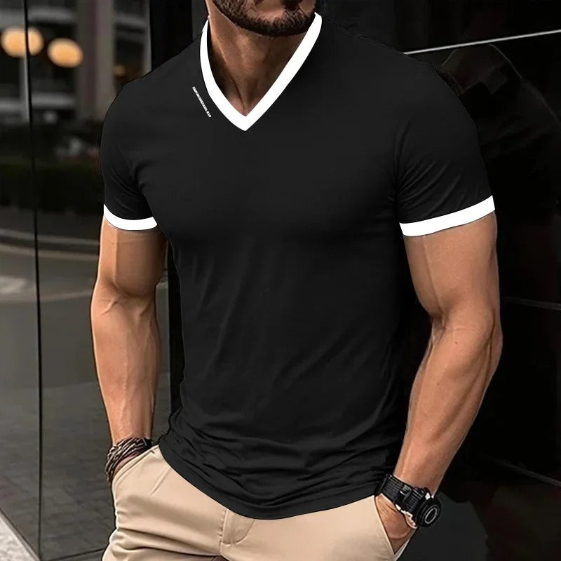 Solid Color V-neck Short Sleeved T-shirt