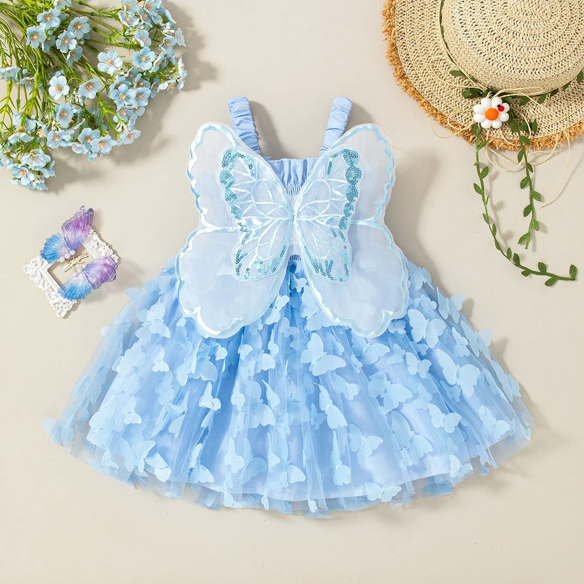 Butterfly Wing Baby Girl Dress, Princess Style Birthday Party Children's Clothing (9 Months -3
