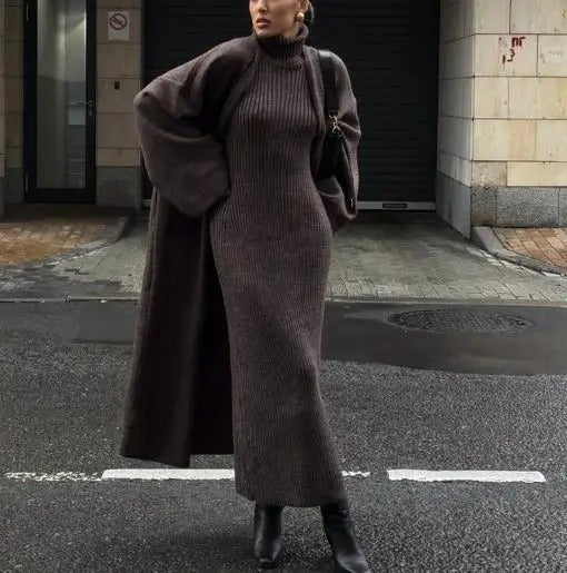 High Neck Slim Long Dress &amp; Cardigan Robe Coat Sweater Set for Women.