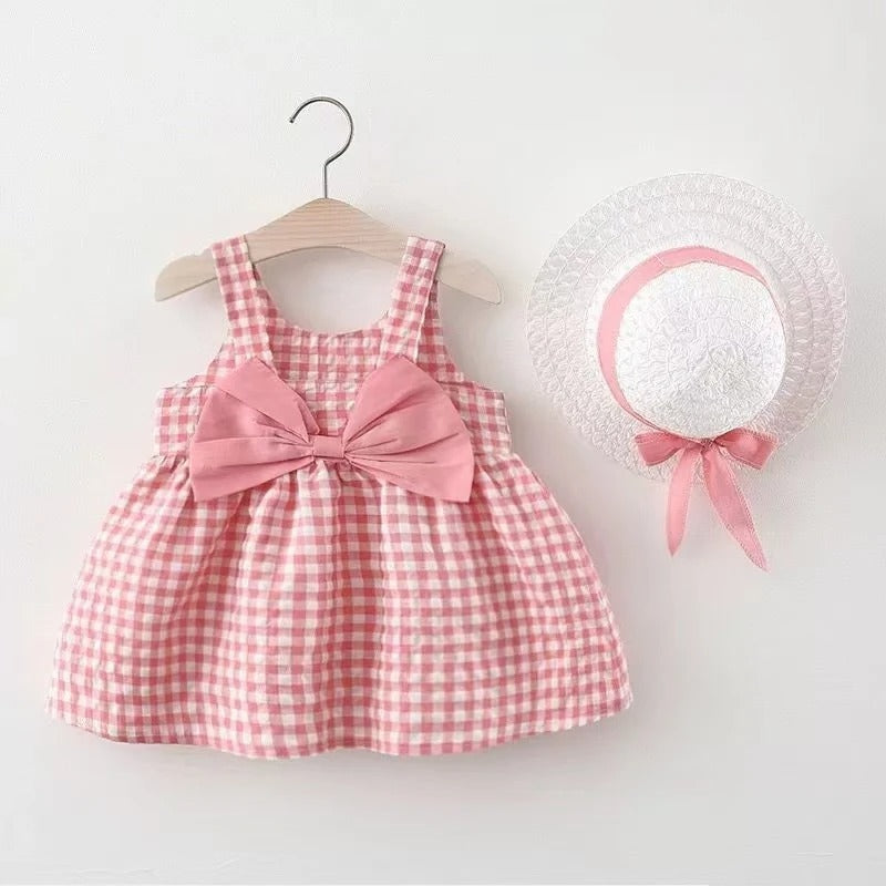 Plaid Camisole Dress Children's Baby's Chest Big Bow Cute Dress with Hat