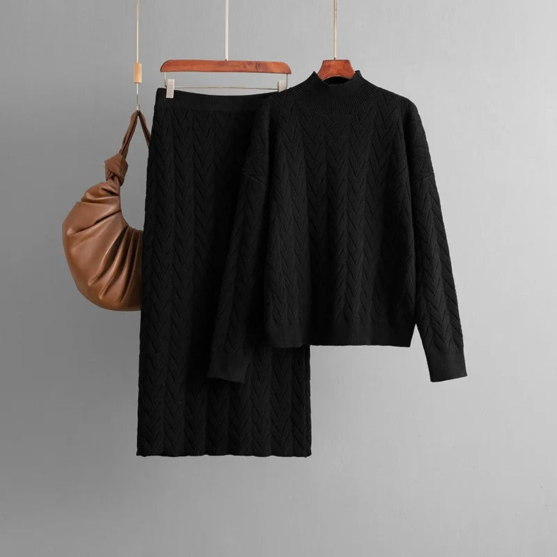 Trendy Knitted 2 Piece Sets Half High Collar Sweaters Tops Skirts Female.