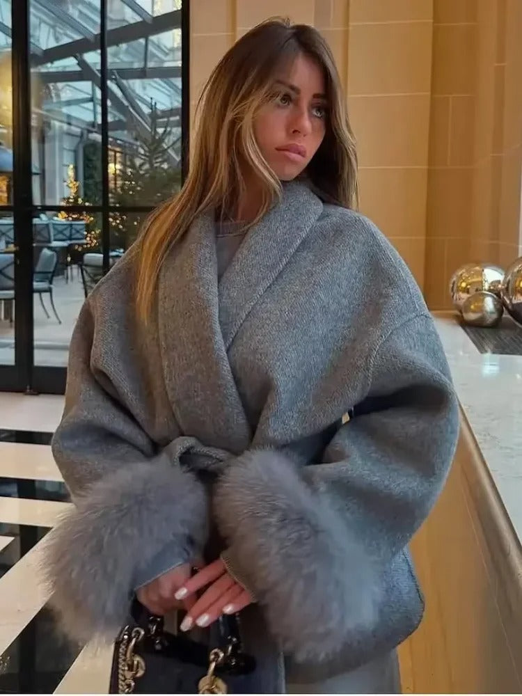 Women Grey Fur Splicing Woolen Coat