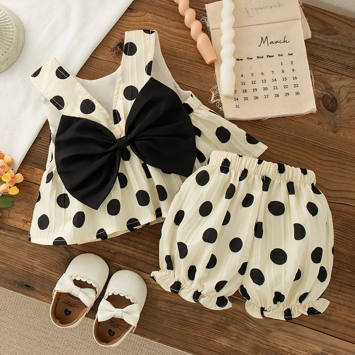 Toddler Girls 2 Piece Set Korean Style Polka Dot Bow