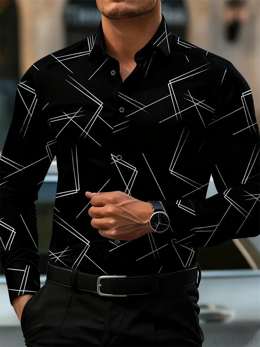Men's trendy geometric line print long-sleeved shirt