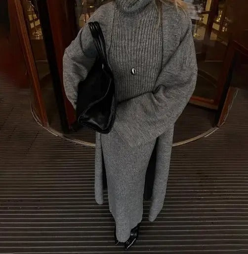 High Neck Slim Long Dress &amp; Cardigan Robe Coat Sweater Set for Women.