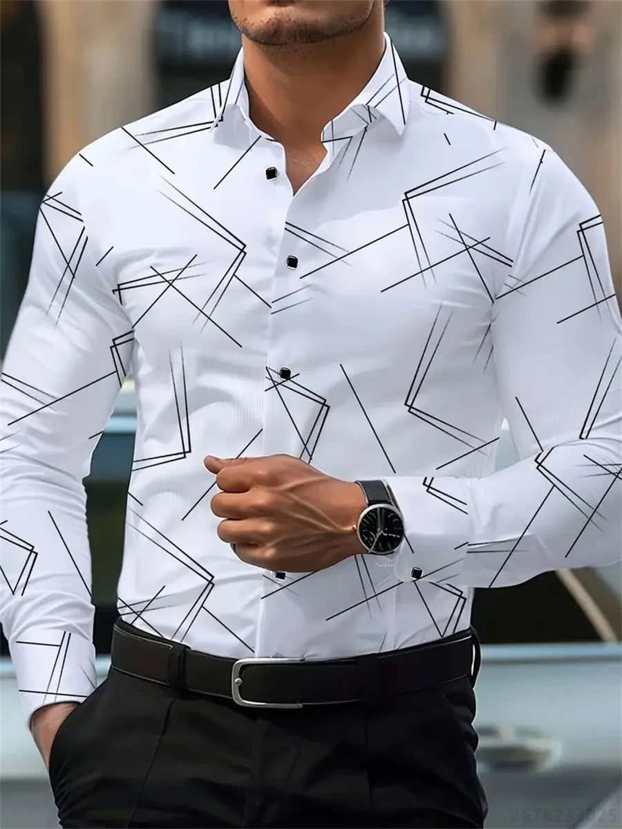 Men's trendy geometric line print long-sleeved shirt