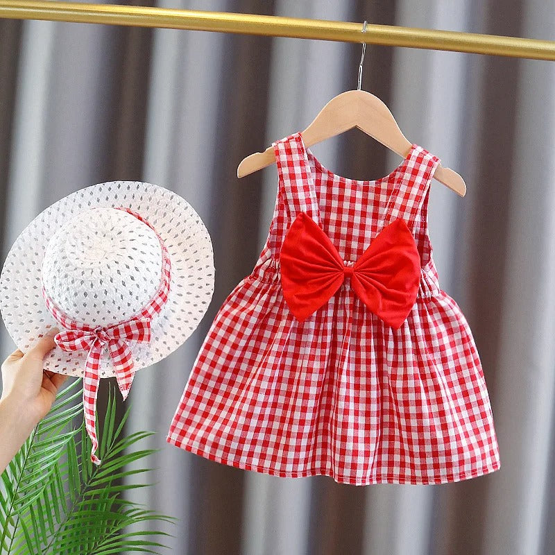Plaid Camisole Dress Children's Baby's Chest Big Bow Cute Dress with Hat