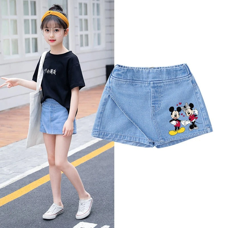 Short Jeans Denim Shorts Fake Skirt Minnie Kuromi Strawberry Bear Print Children Clothing