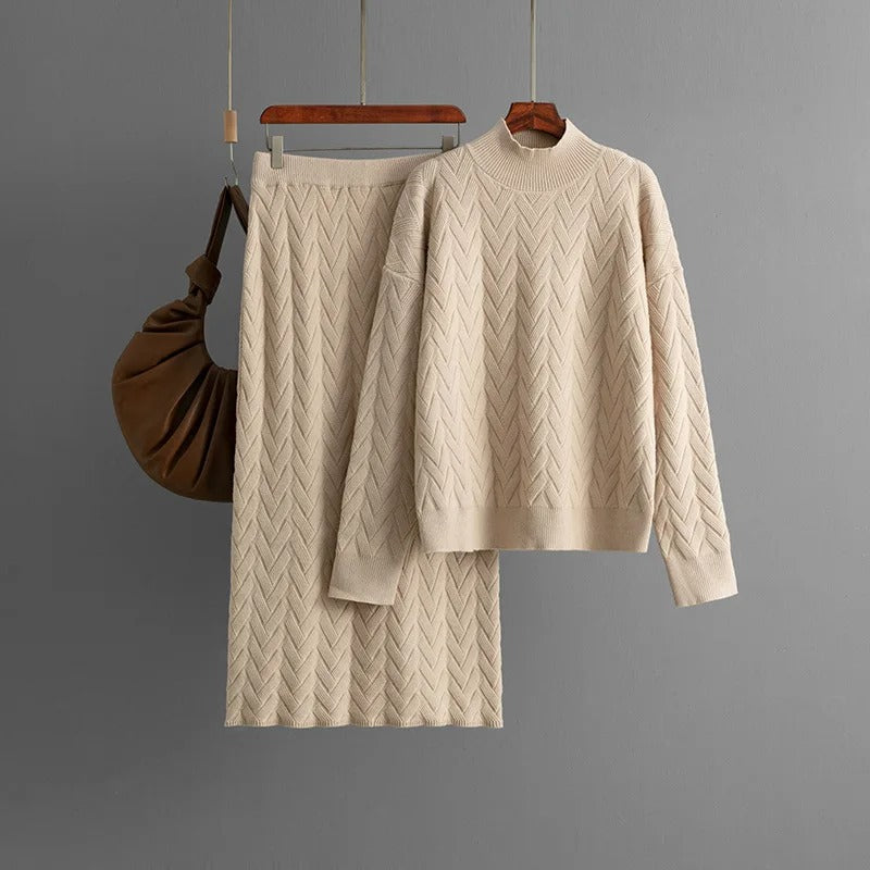 Trendy Knitted 2 Piece Sets Half High Collar Sweaters Tops Skirts Female.