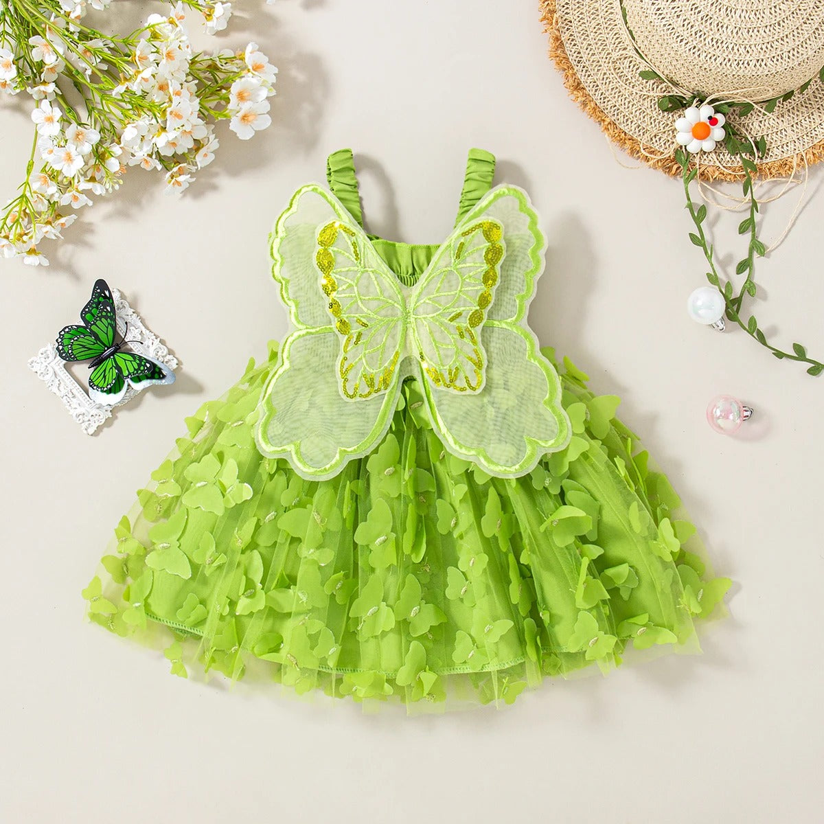 Butterfly Wing Baby Girl Dress, Princess Style Birthday Party Children's Clothing (9 Months -3