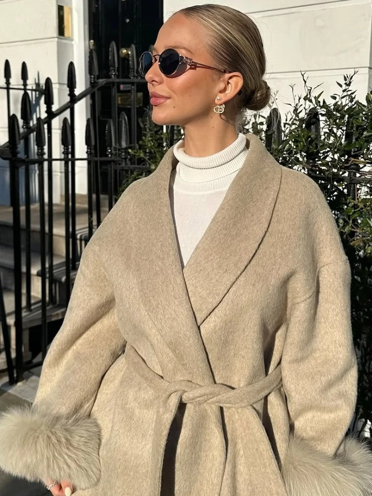 Women Grey Fur Splicing Woolen Coat