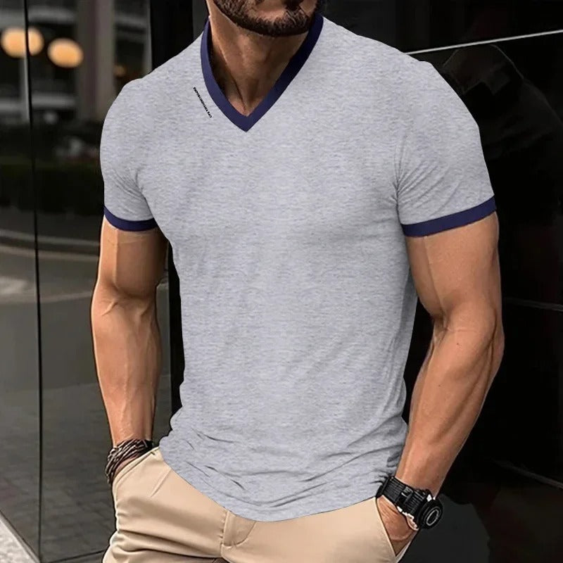 Solid Color V-neck Short Sleeved T-shirt