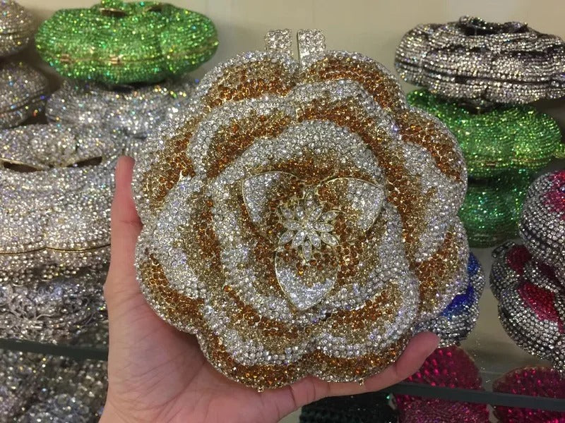 Rose Flower Pink/Green Rhinestones Evening Clutches
