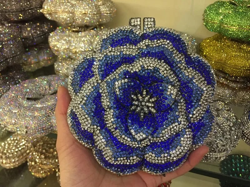 Rose Flower Pink/Green Rhinestones Evening Clutches