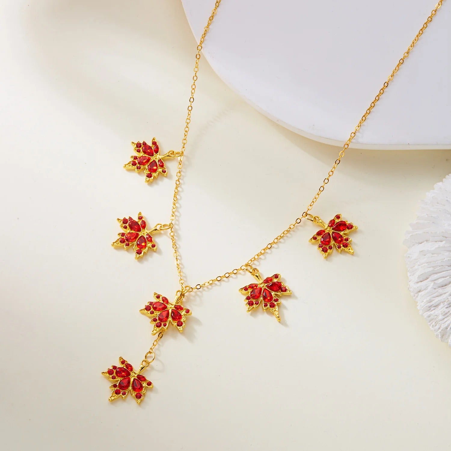 Luxury Red Zircon Maple Leaf Jewelry Set