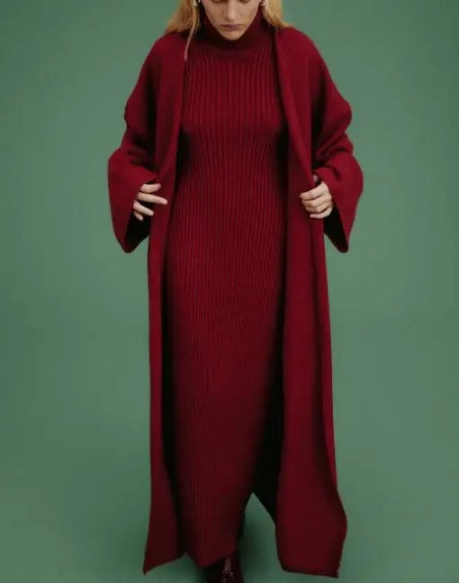 High Neck Slim Long Dress &amp; Cardigan Robe Coat Sweater Set for Women.