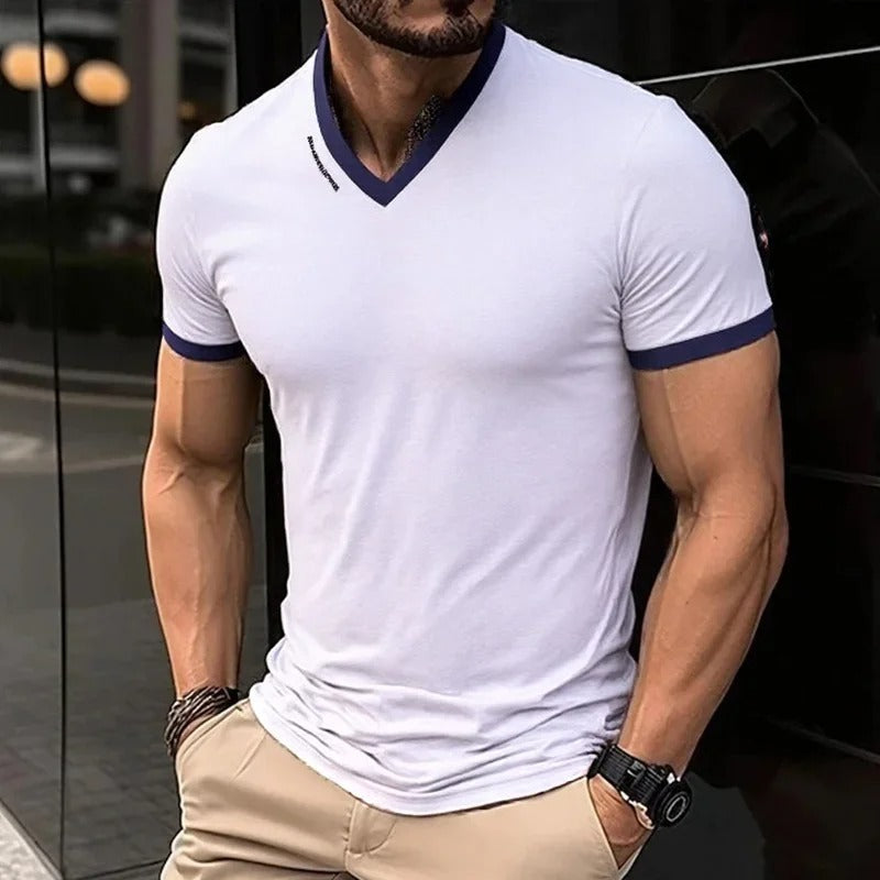 Solid Color V-neck Short Sleeved T-shirt