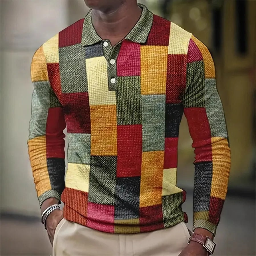 3D Digital Print Casual Polo Shirt Men Sport Long Sleeve