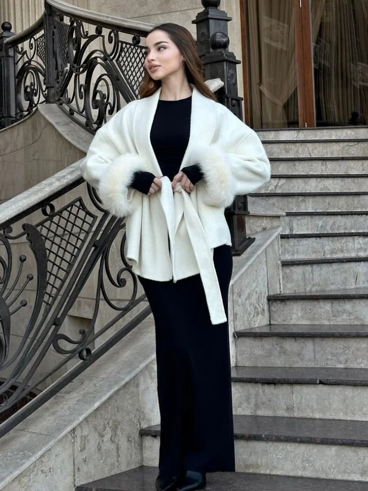 Women Grey Fur Splicing Woolen Coat