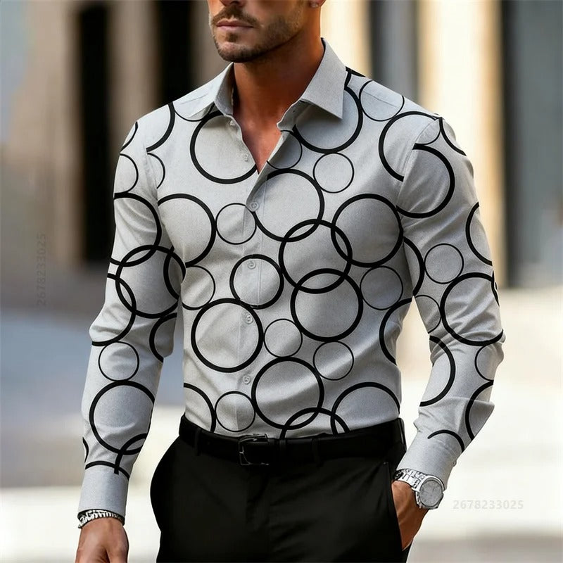 Men's Trendy Geometric Circle Print Long-Sleeve Shirt,