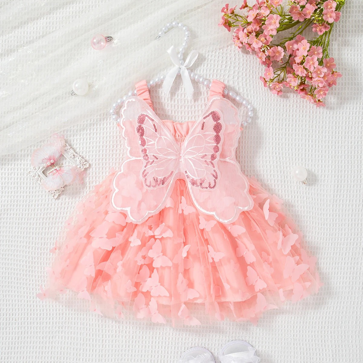 Butterfly Wing Baby Girl Dress, Princess Style Birthday Party Children's Clothing (9 Months -3