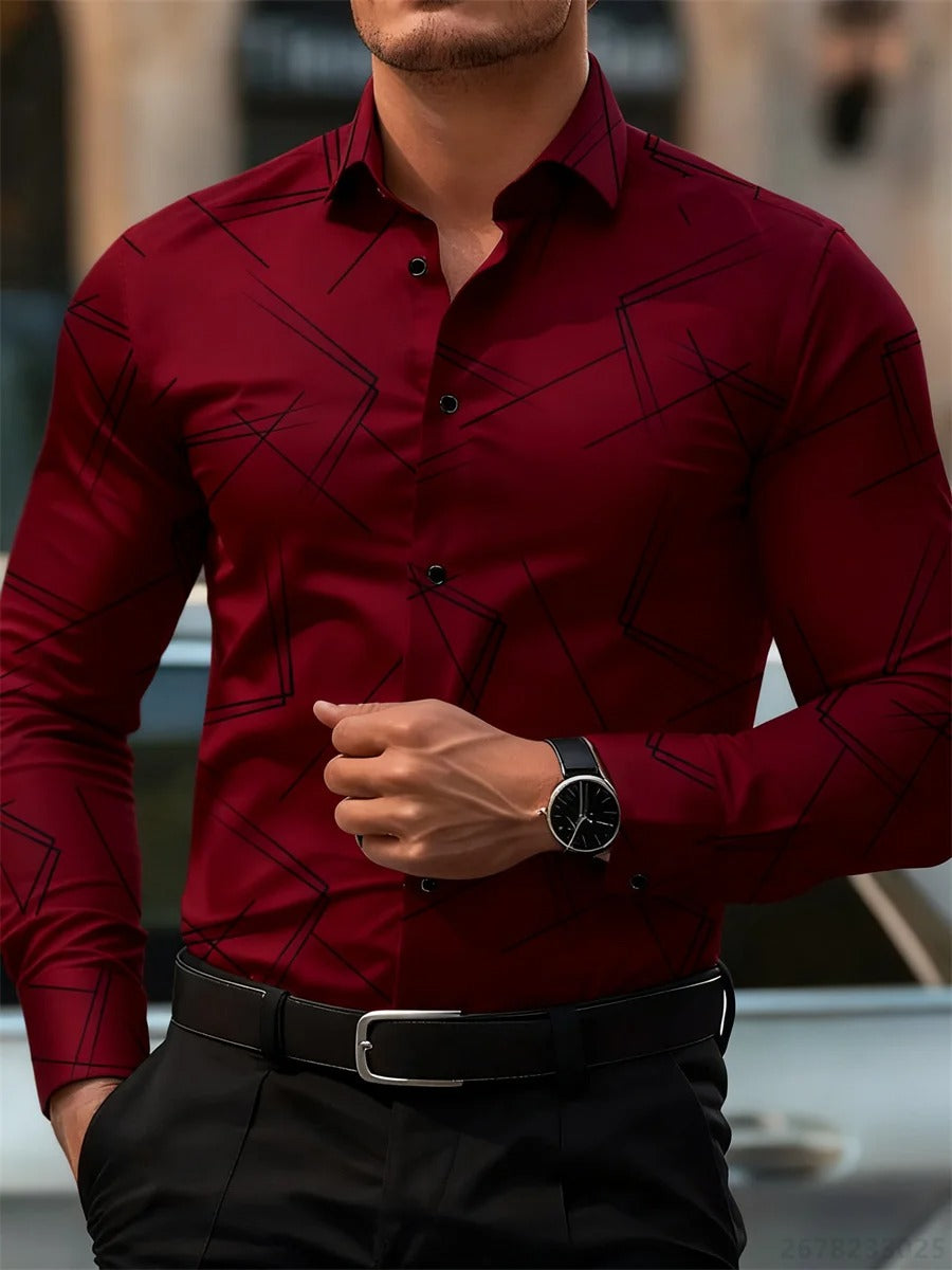 Men's trendy geometric line print long-sleeved shirt