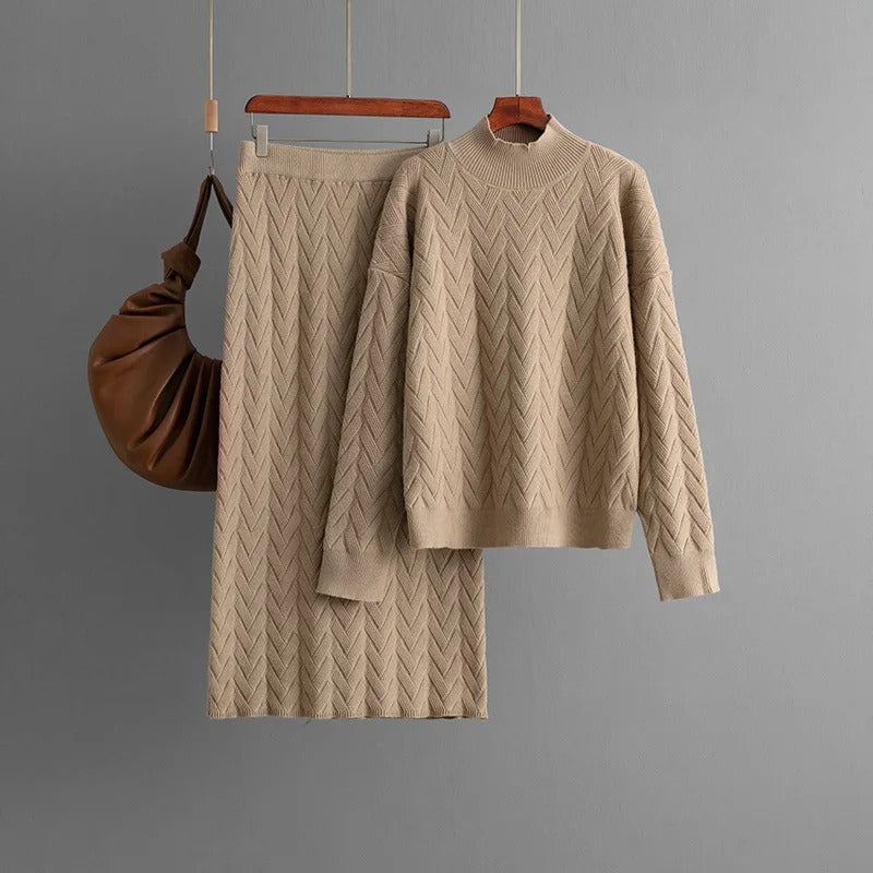 Trendy Knitted 2 Piece Sets Half High Collar Sweaters Tops Skirts Female.