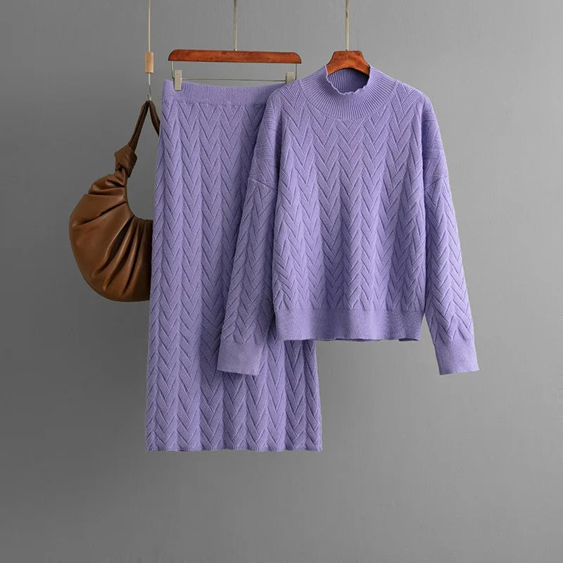 Trendy Knitted 2 Piece Sets Half High Collar Sweaters Tops Skirts Female.
