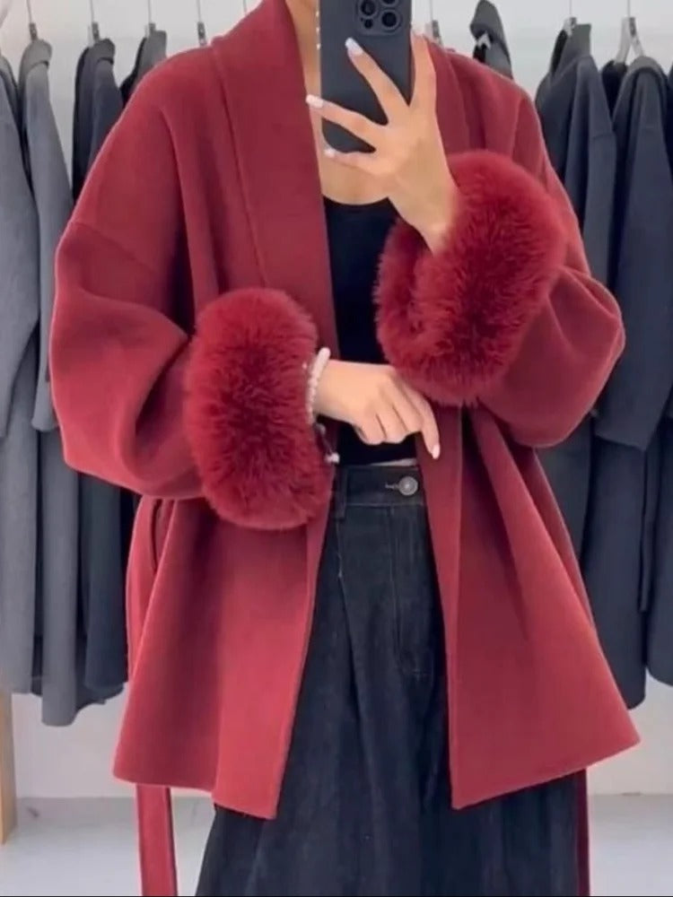 Women Grey Fur Splicing Woolen Coat