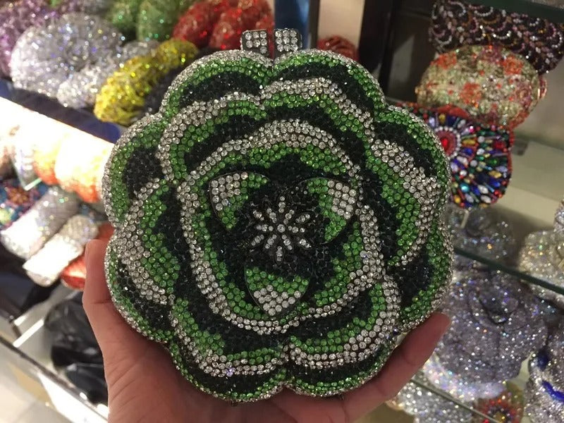 Rose Flower Pink/Green Rhinestones Evening Clutches