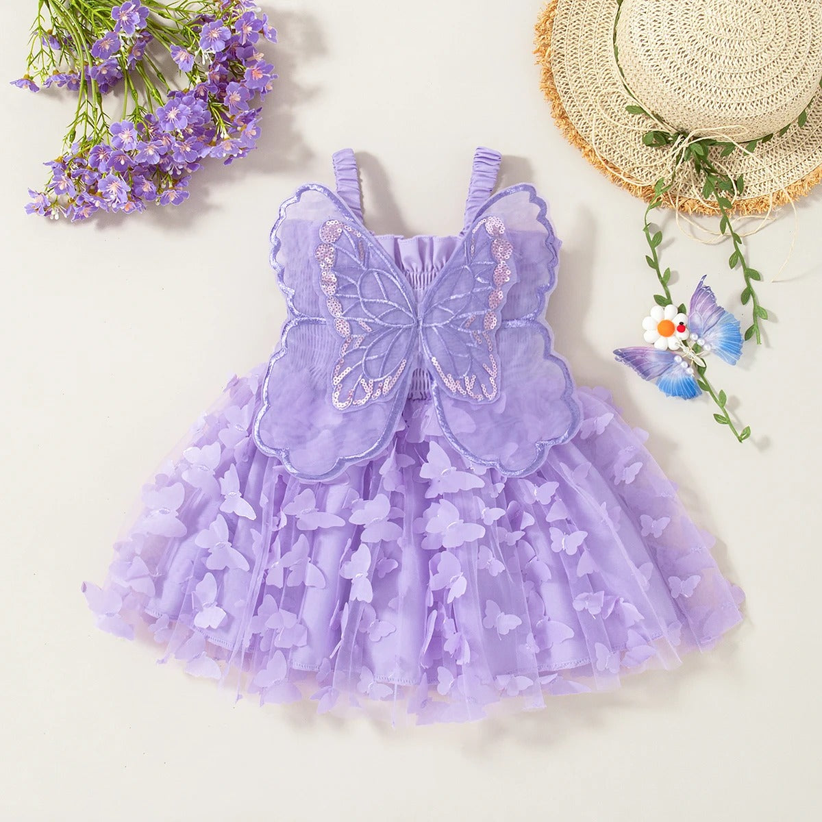 Butterfly Wing Baby Girl Dress, Princess Style Birthday Party Children's Clothing (9 Months -3