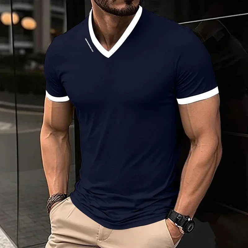 Solid Color V-neck Short Sleeved T-shirt