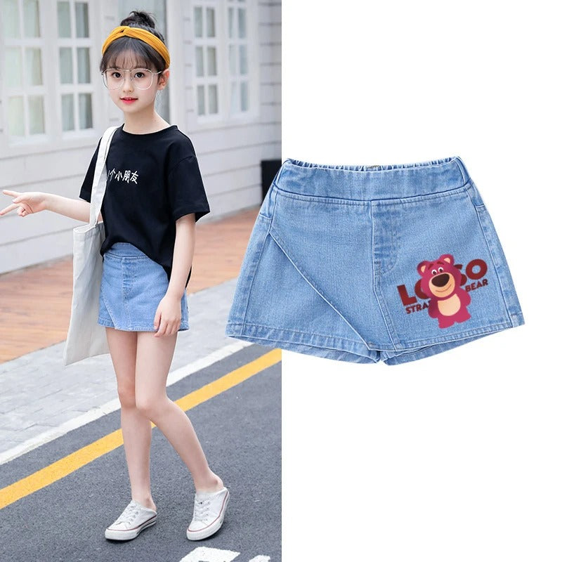 Short Jeans Denim Shorts Fake Skirt Minnie Kuromi Strawberry Bear Print Children Clothing