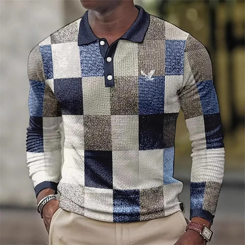 3D Digital Print Casual Polo Shirt Men Sport Long Sleeve