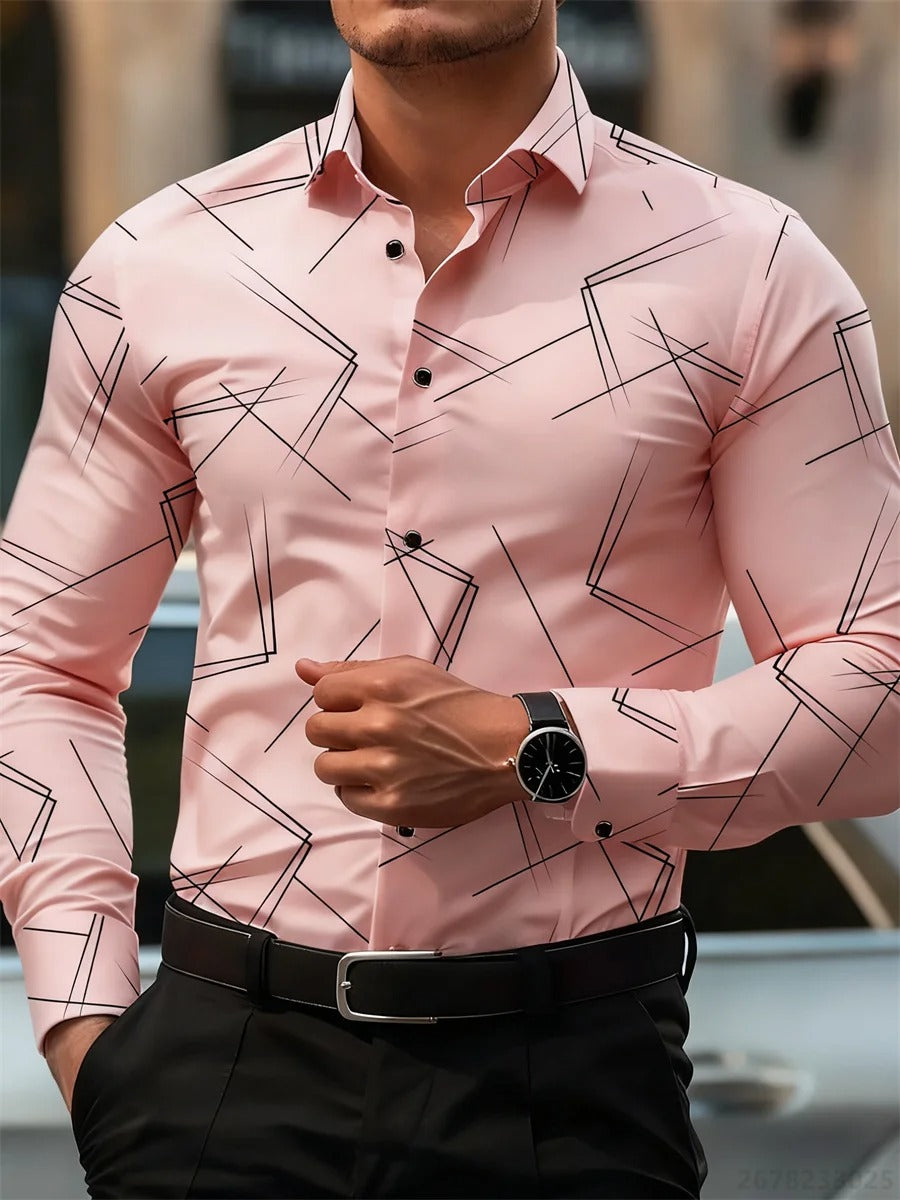 Men's trendy geometric line print long-sleeved shirt