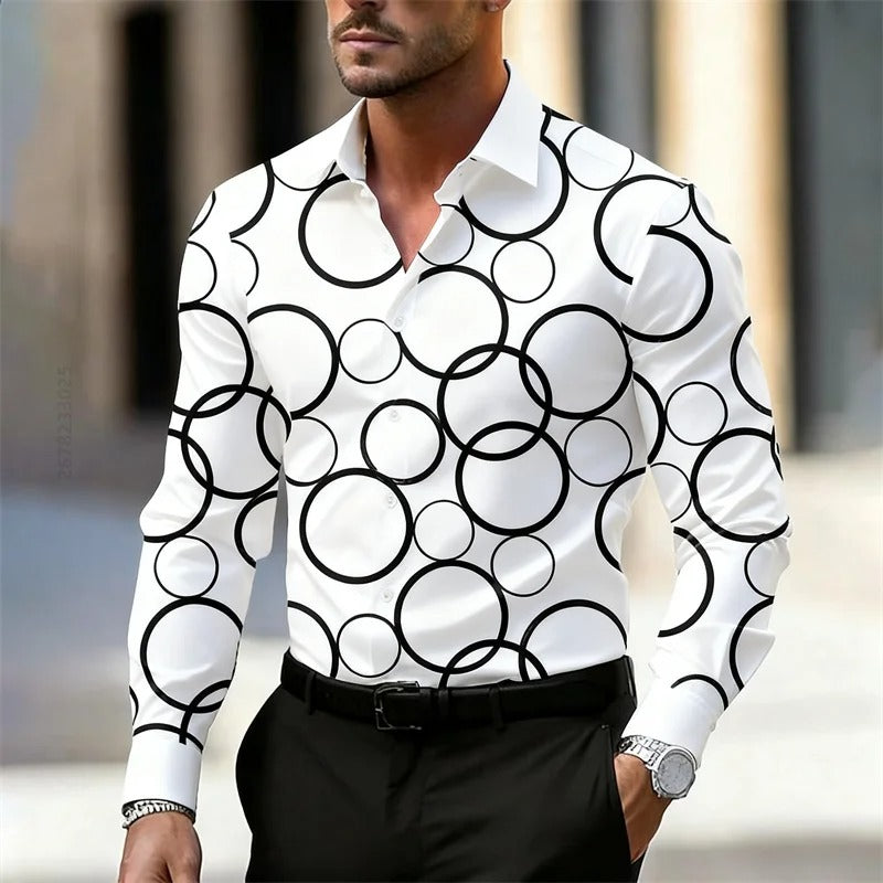 Men's Trendy Geometric Circle Print Long-Sleeve Shirt,