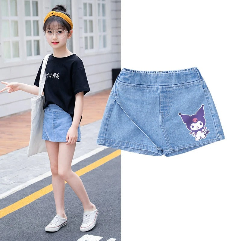 Short Jeans Denim Shorts Fake Skirt Minnie Kuromi Strawberry Bear Print Children Clothing