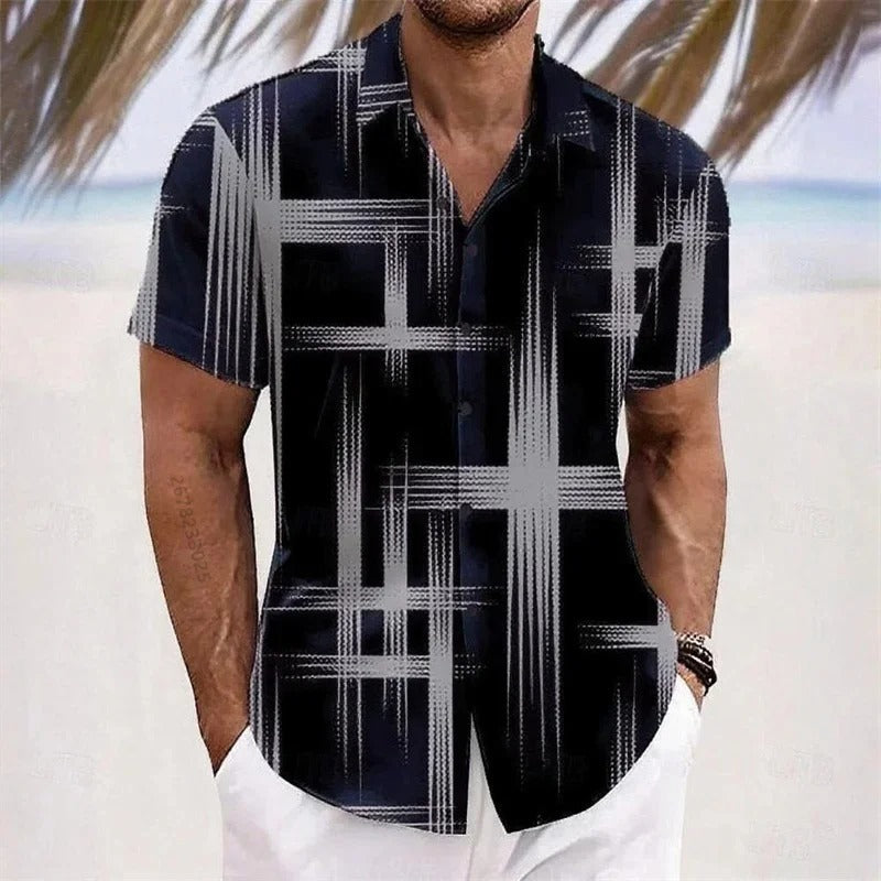 Men's Geometric 3D Printed Lapel Short Sleeve