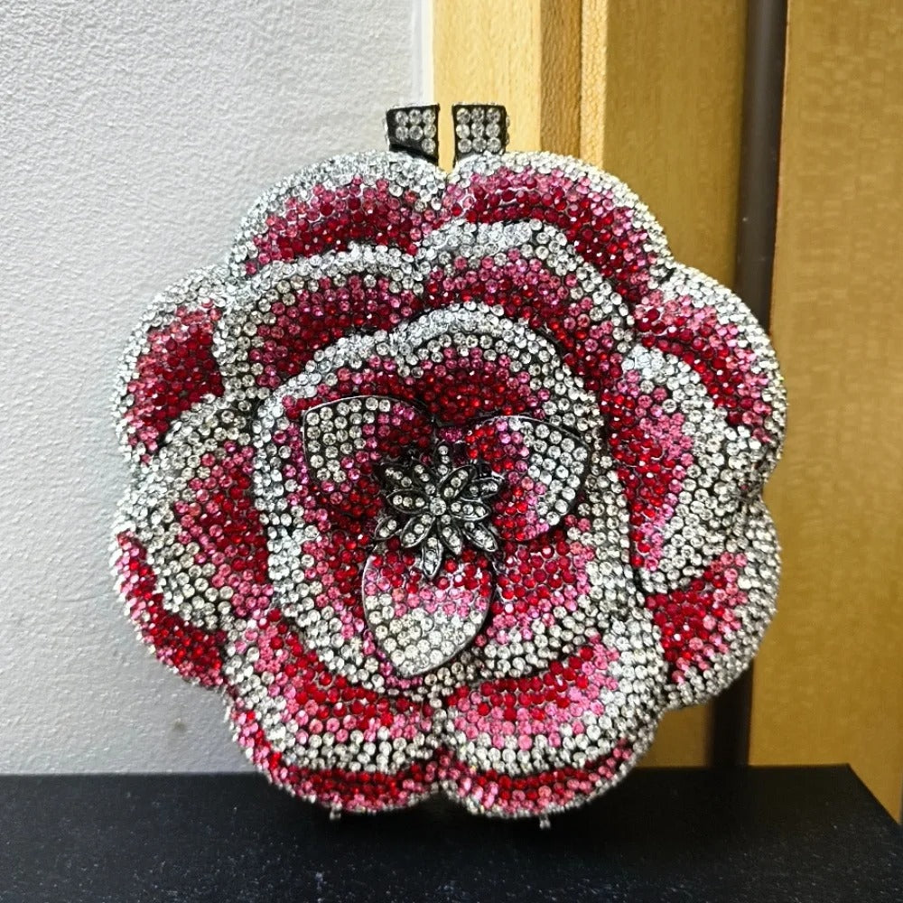 Rose Flower Pink/Green Rhinestones Evening Clutches