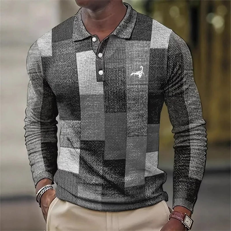 3D Digital Print Casual Polo Shirt Men Sport Long Sleeve