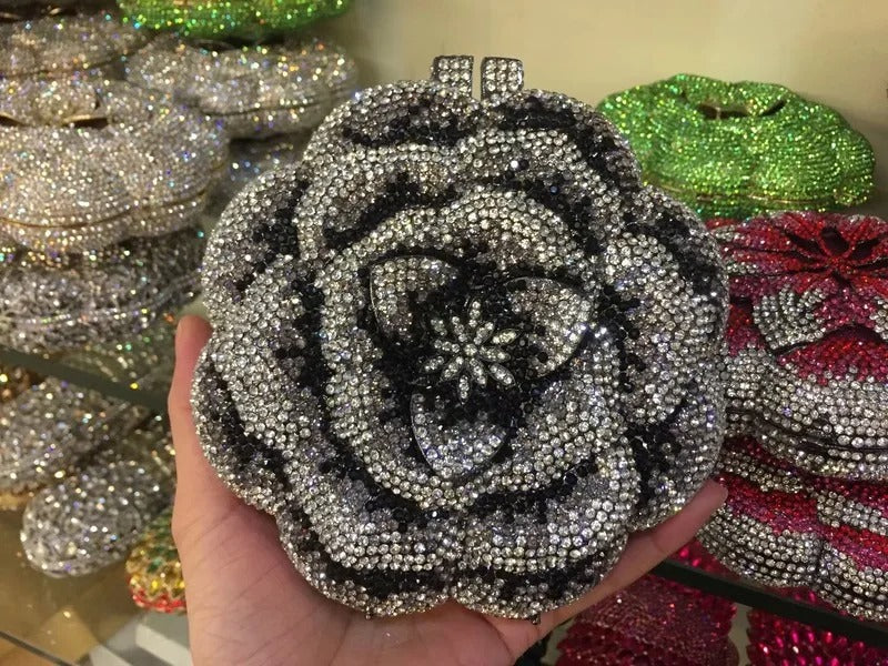 Rose Flower Pink/Green Rhinestones Evening Clutches