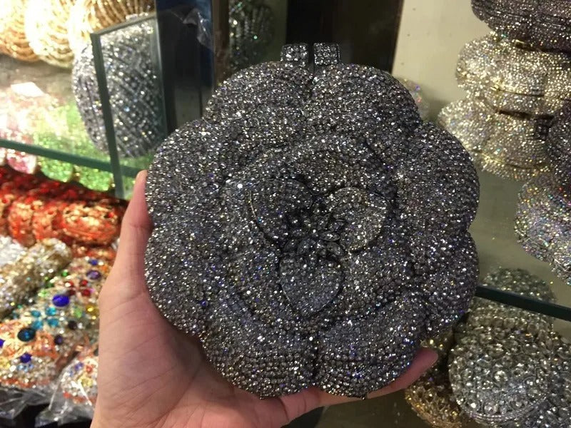 Rose Flower Pink/Green Rhinestones Evening Clutches