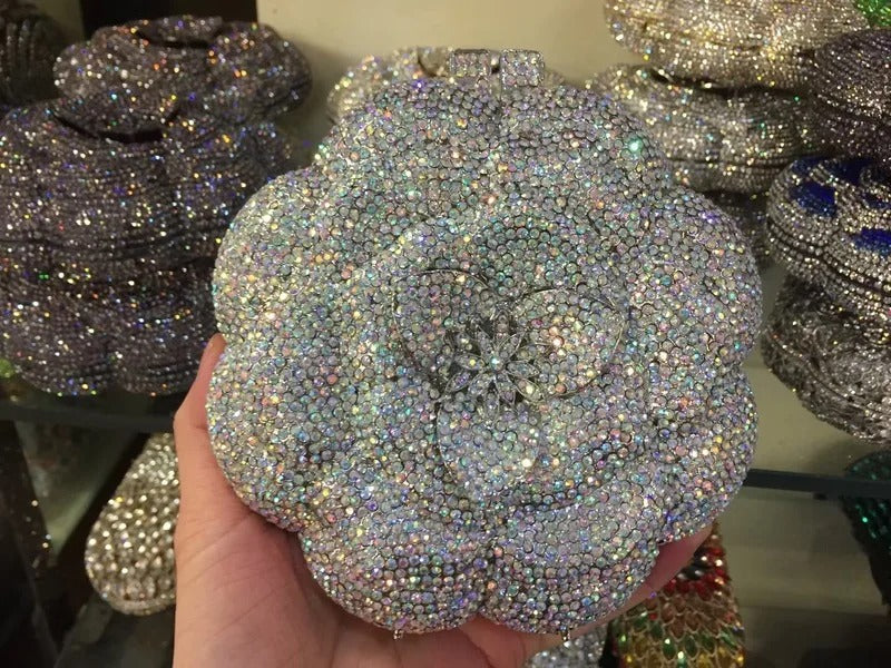 Rose Flower Pink/Green Rhinestones Evening Clutches