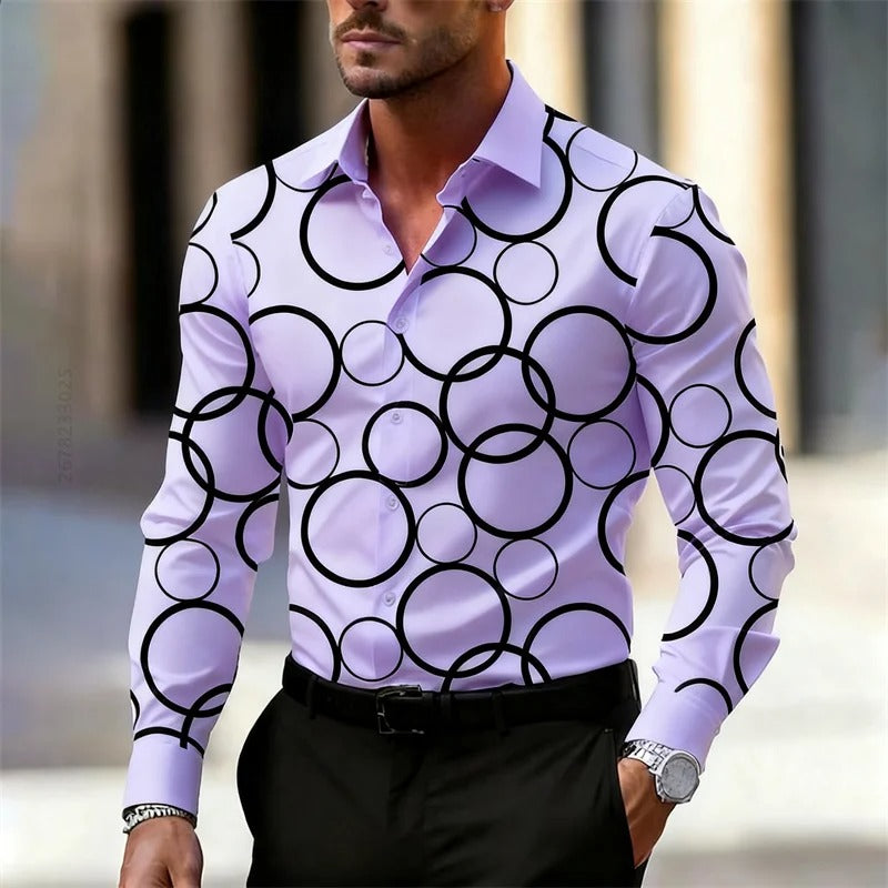 Men's Trendy Geometric Circle Print Long-Sleeve Shirt,